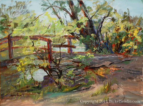 A Bridge oil painting by Shirley Bicke'l Evans 